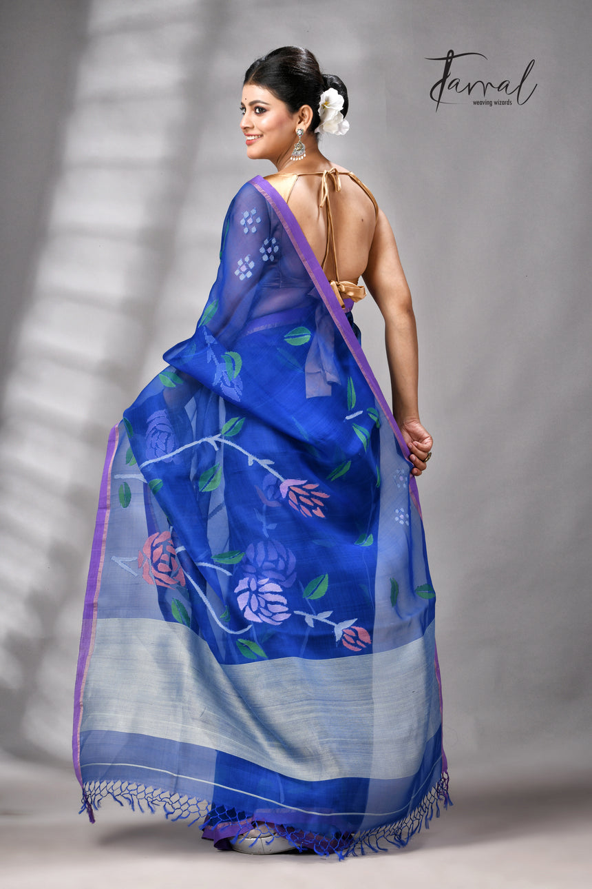 Royal Blue With Purple Border Rose Motifs Muslin Silk Handwoven Jamdani Saree