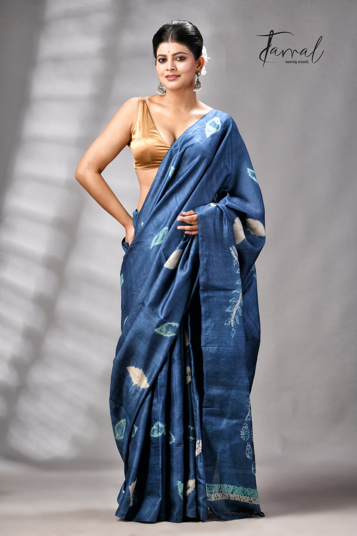 Indigo Colour Pure Tussar Silk Shibori Handloom Saree