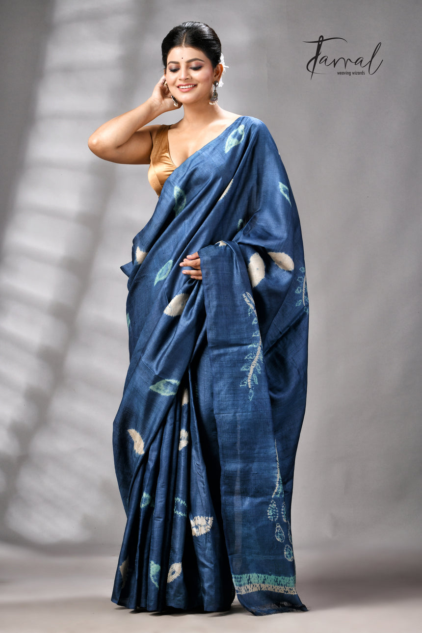 Indigo Colour Pure Tussar Silk Shibori Handloom Saree