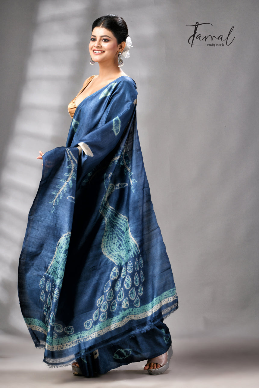 Indigo Colour Pure Tussar Silk Shibori Handloom Saree