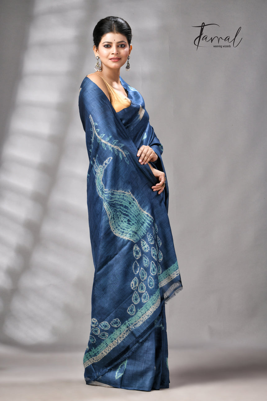 Indigo Colour Pure Tussar Silk Shibori Handloom Saree