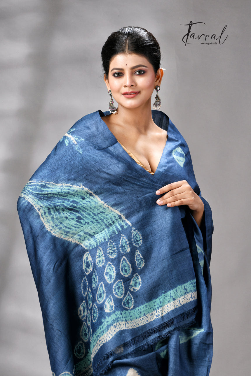 Indigo Colour Pure Tussar Silk Shibori Handloom Saree