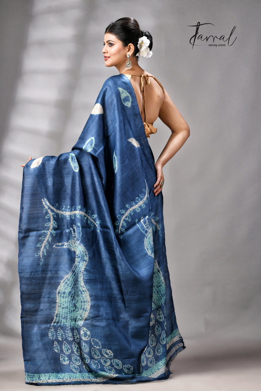 Indigo Colour Pure Tussar Silk Shibori Handloom Saree