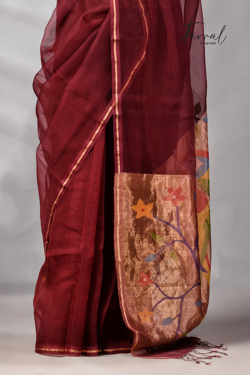 Maroon with golden Zari pathani handwoven jamdani saree