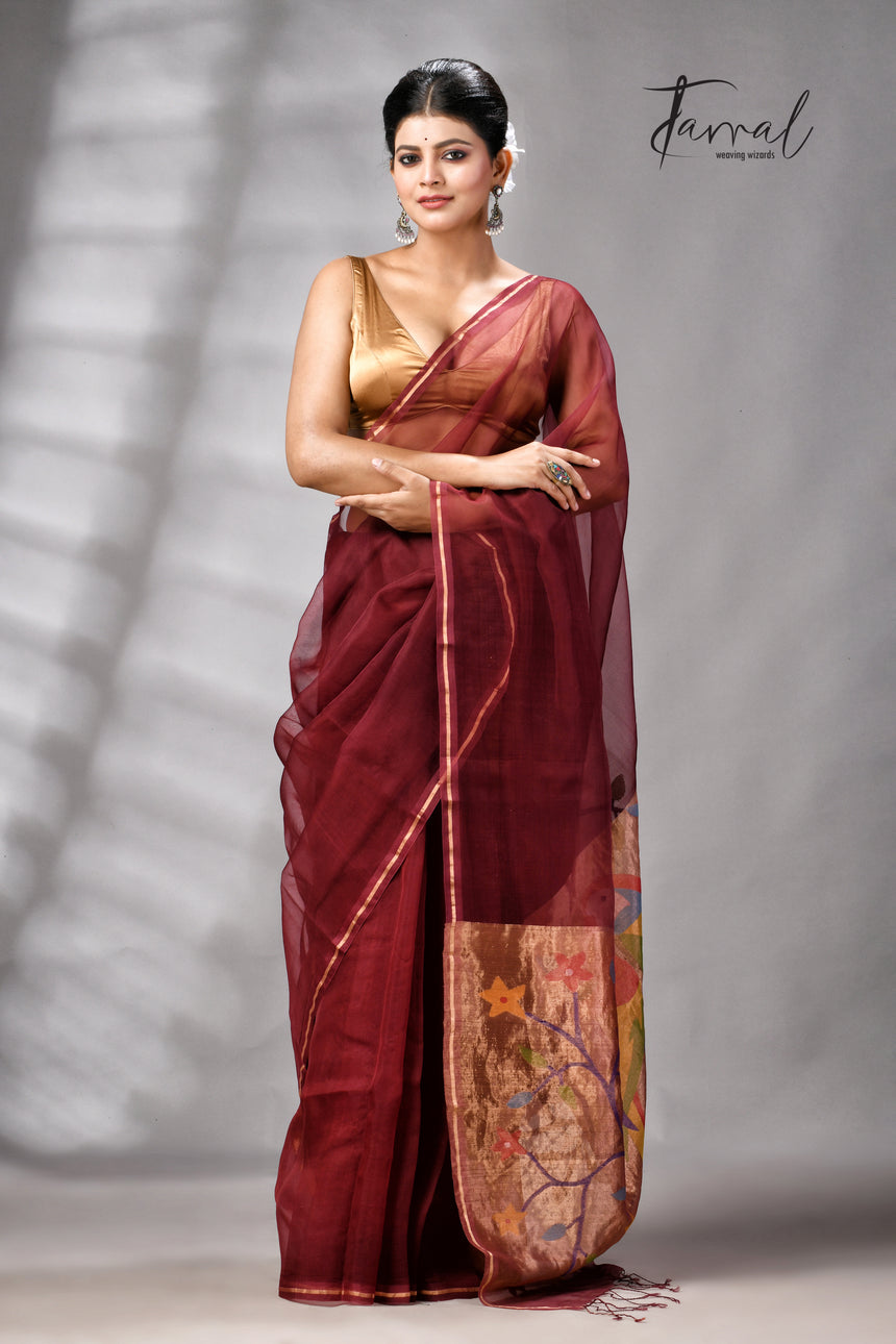 Maroon with golden Zari pathani handwoven jamdani saree