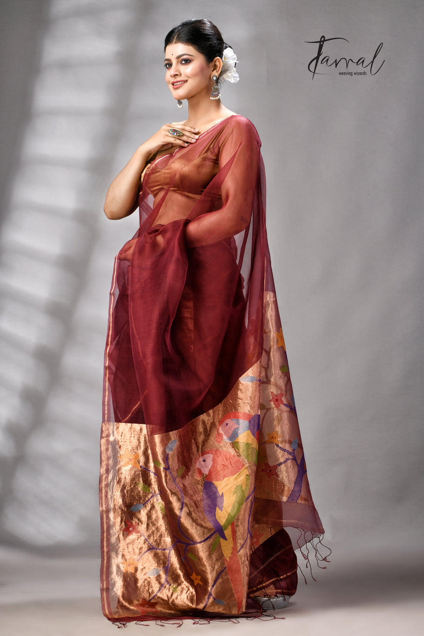 Maroon with golden Zari pathani handwoven jamdani saree
