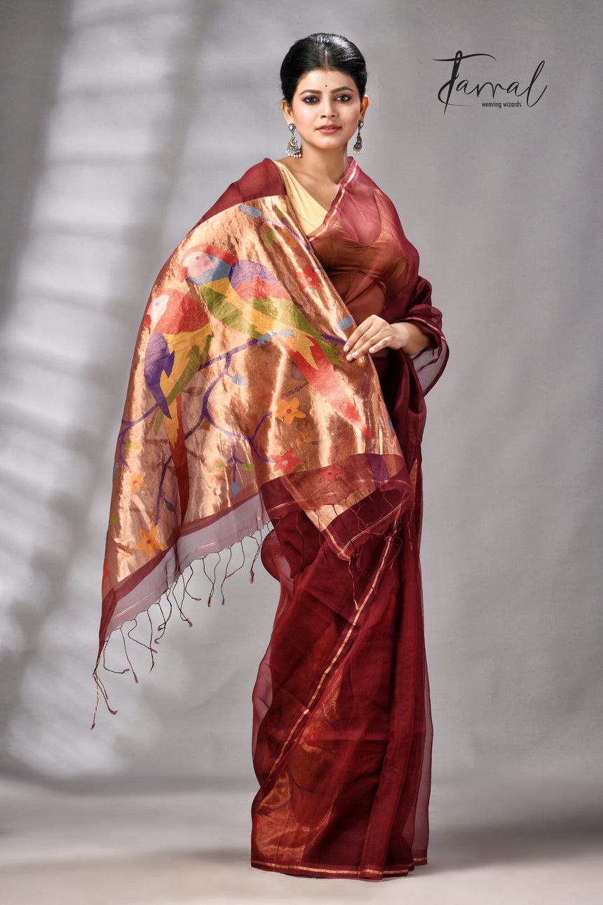 Maroon with golden Zari pathani handwoven jamdani saree