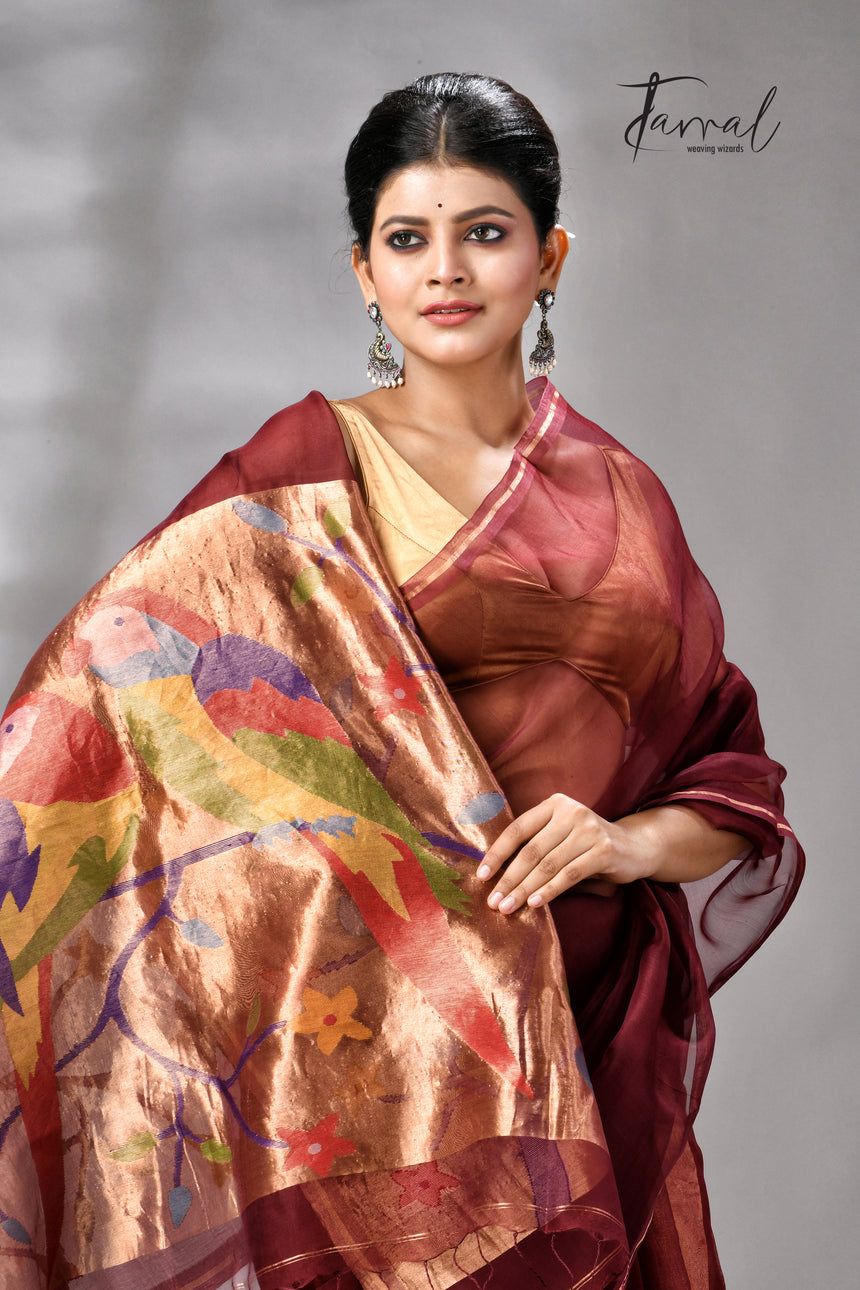 Maroon with golden Zari pathani handwoven jamdani saree