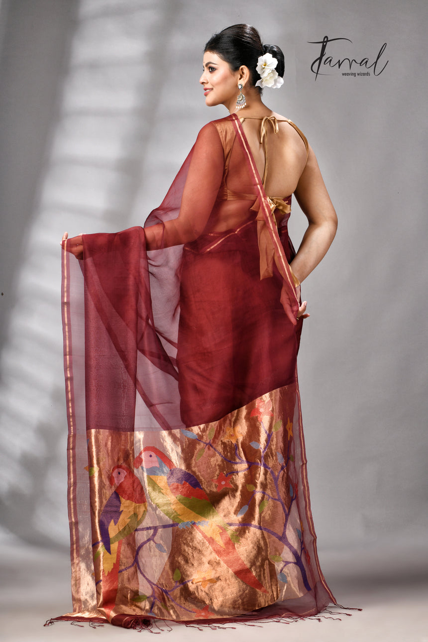 Maroon with golden Zari pathani handwoven jamdani saree