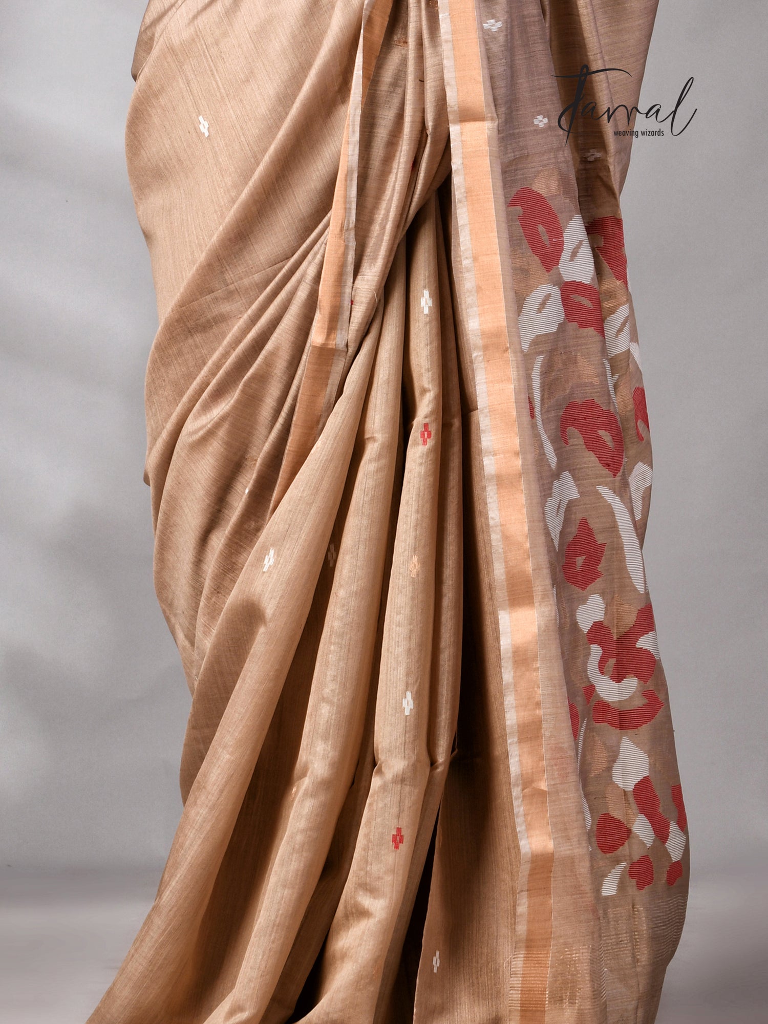 Deep Beige Colour Pure Mulberry Silk Handwoven Jamdani Saree