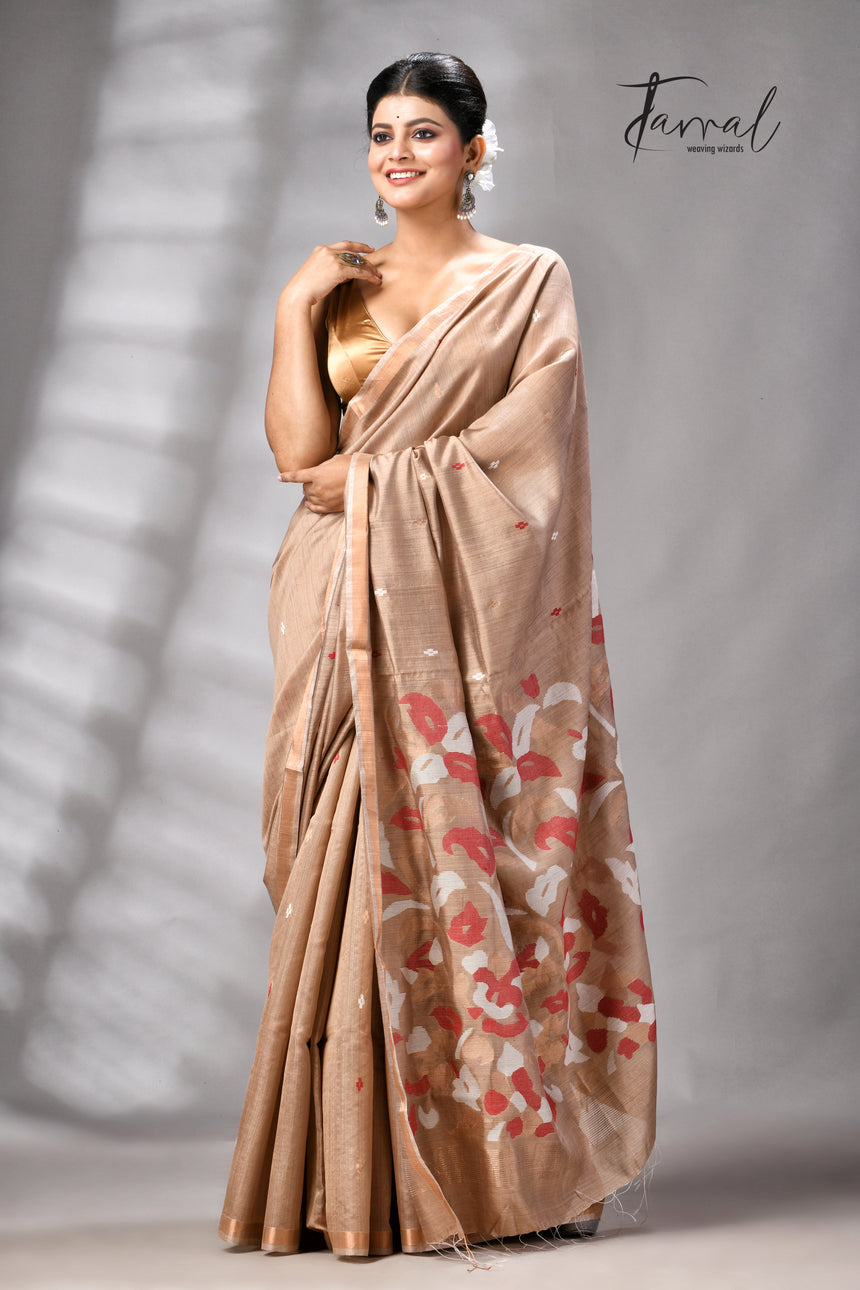 Deep Beige Colour Pure Mulberry Silk Handwoven Jamdani Saree