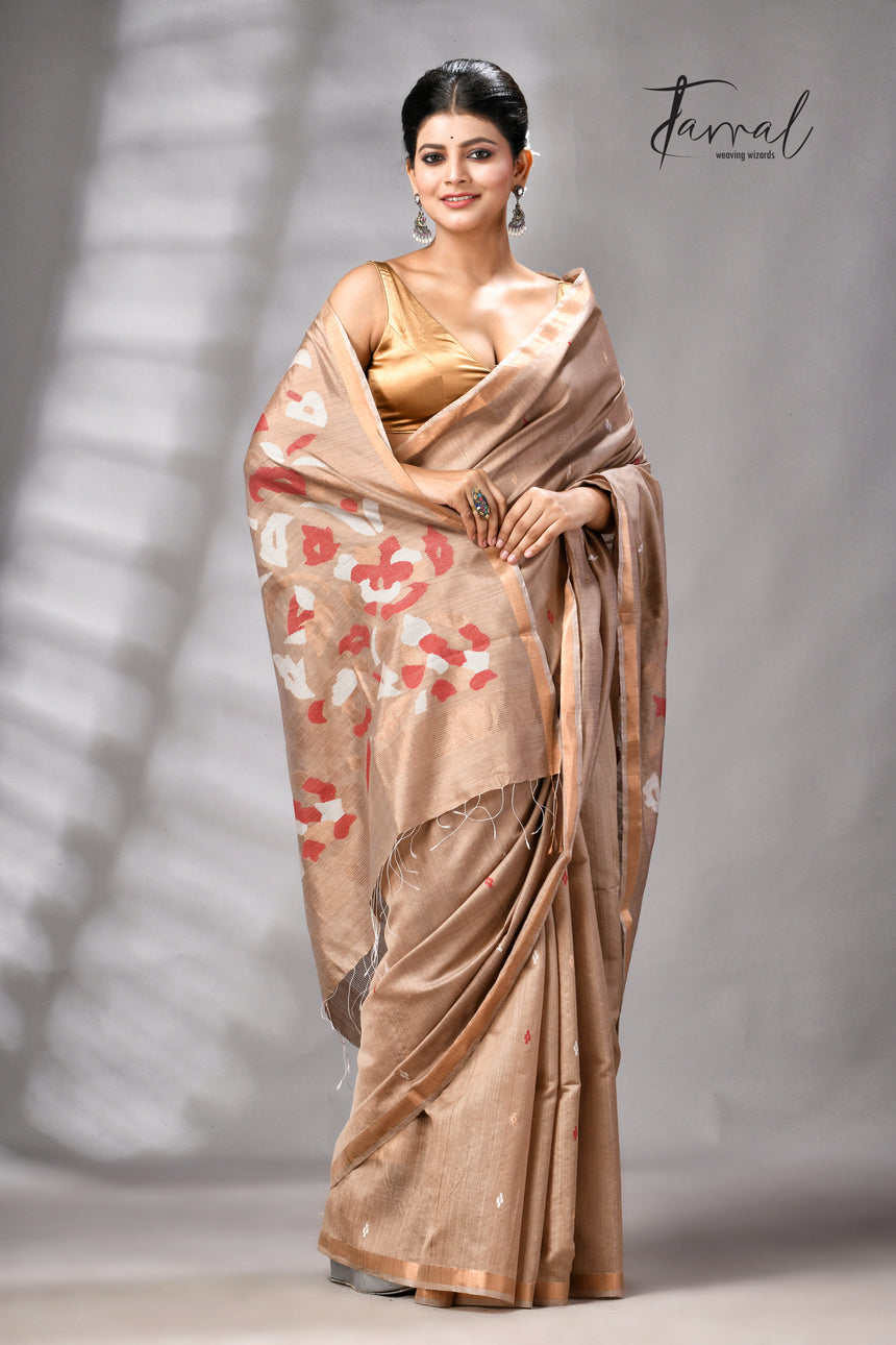 Deep Beige Colour Pure Mulberry Silk Handwoven Jamdani Saree