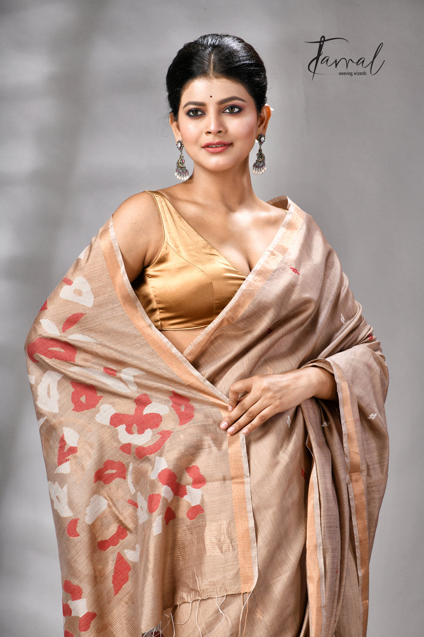 Deep Beige Colour Pure Mulberry Silk Handwoven Jamdani Saree