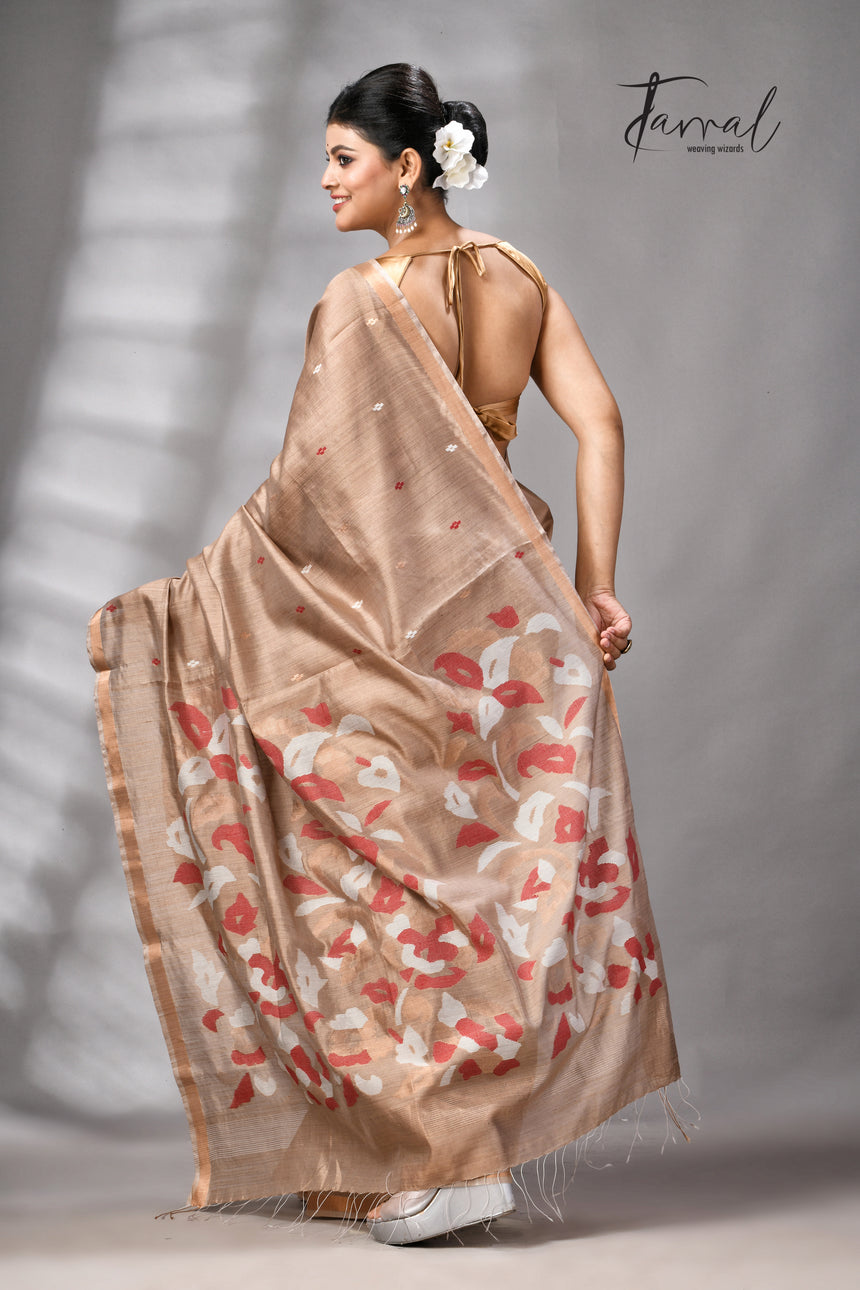 Deep Beige Colour Pure Mulberry Silk Handwoven Jamdani Saree