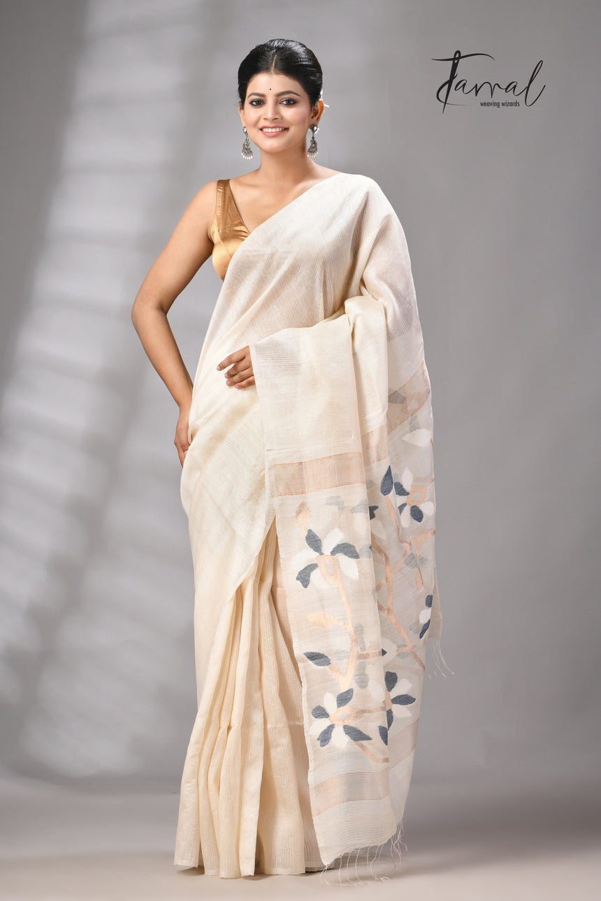 Offwhite Muga & gachhi Tussar silk stripe handwoven Jamdani saree