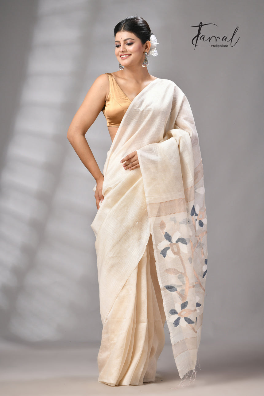 Offwhite Muga & gachhi Tussar silk stripe handwoven Jamdani saree