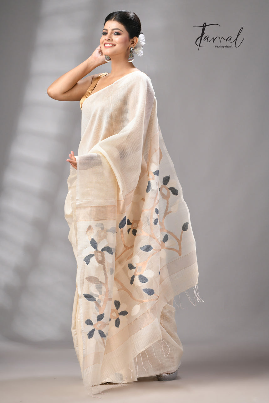 Offwhite Muga & gachhi Tussar silk stripe handwoven Jamdani saree