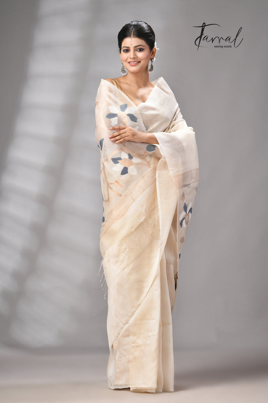 Offwhite Muga & gachhi Tussar silk stripe handwoven Jamdani saree