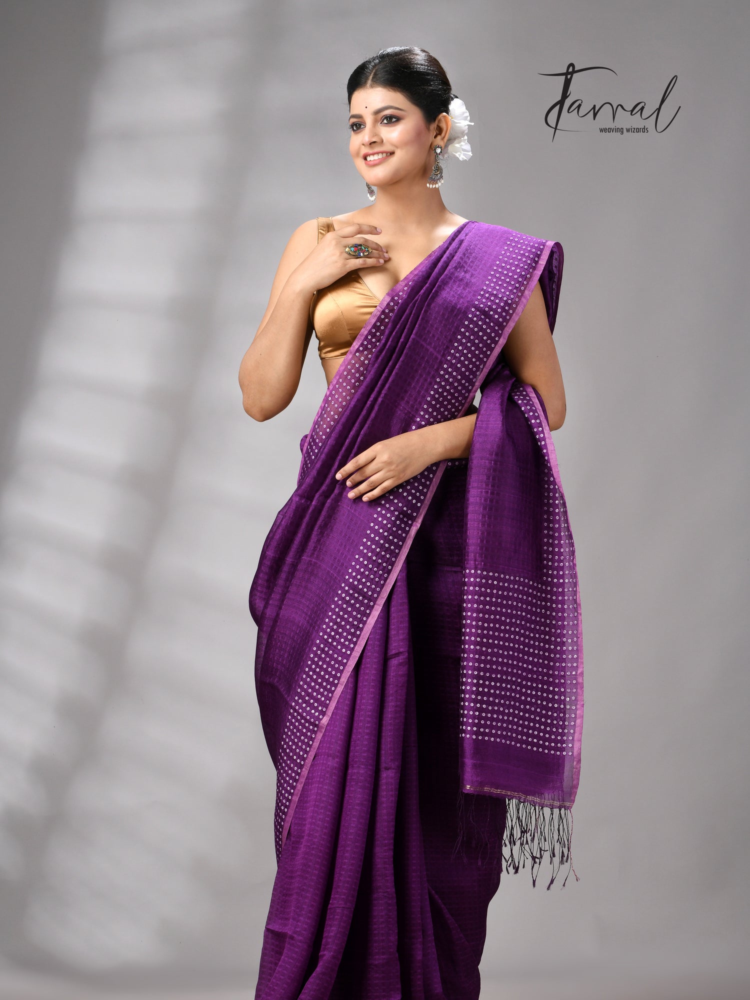 Purple Tusser & tissue sequins mulberry silk handloom jamdani saree