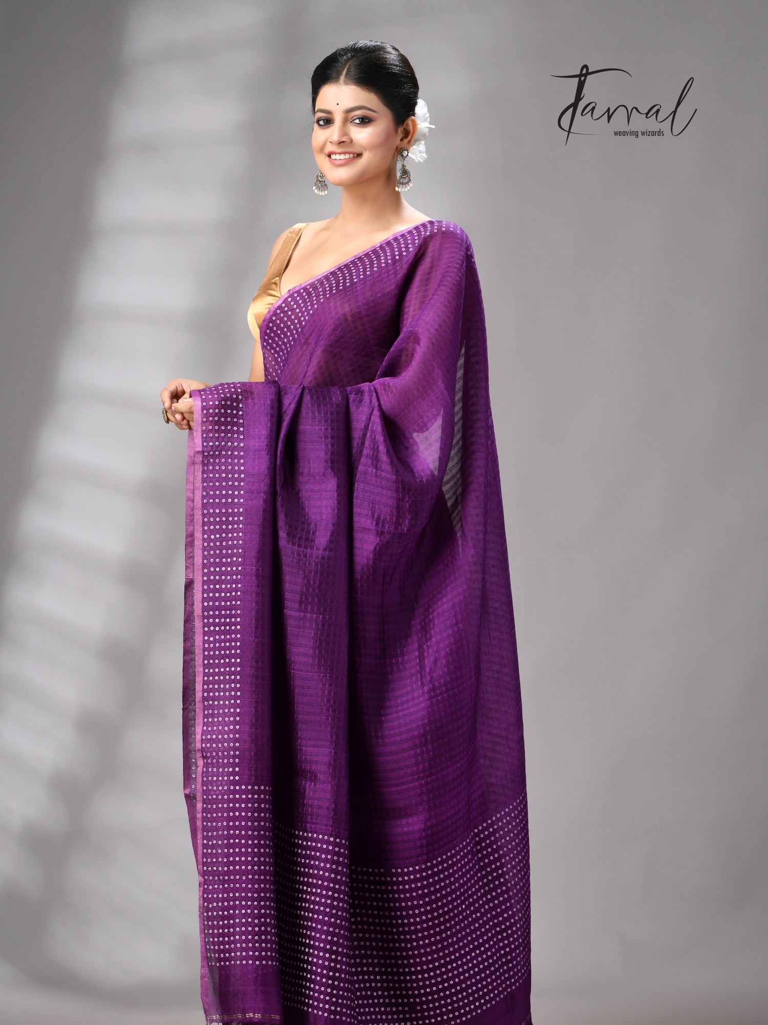 Purple Tusser & tissue sequins mulberry silk handloom jamdani saree