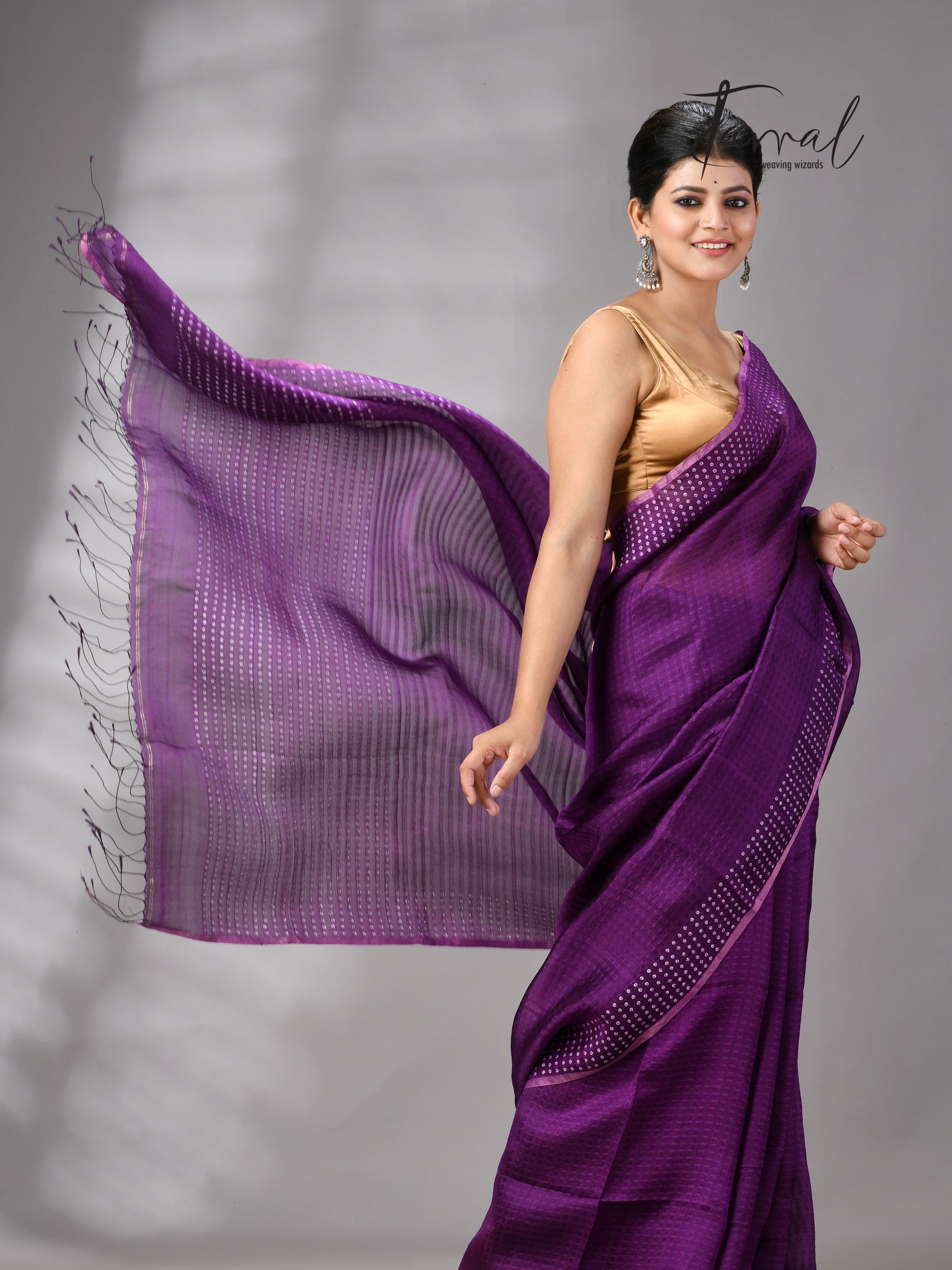 Purple Tusser & tissue sequins mulberry silk handloom jamdani saree