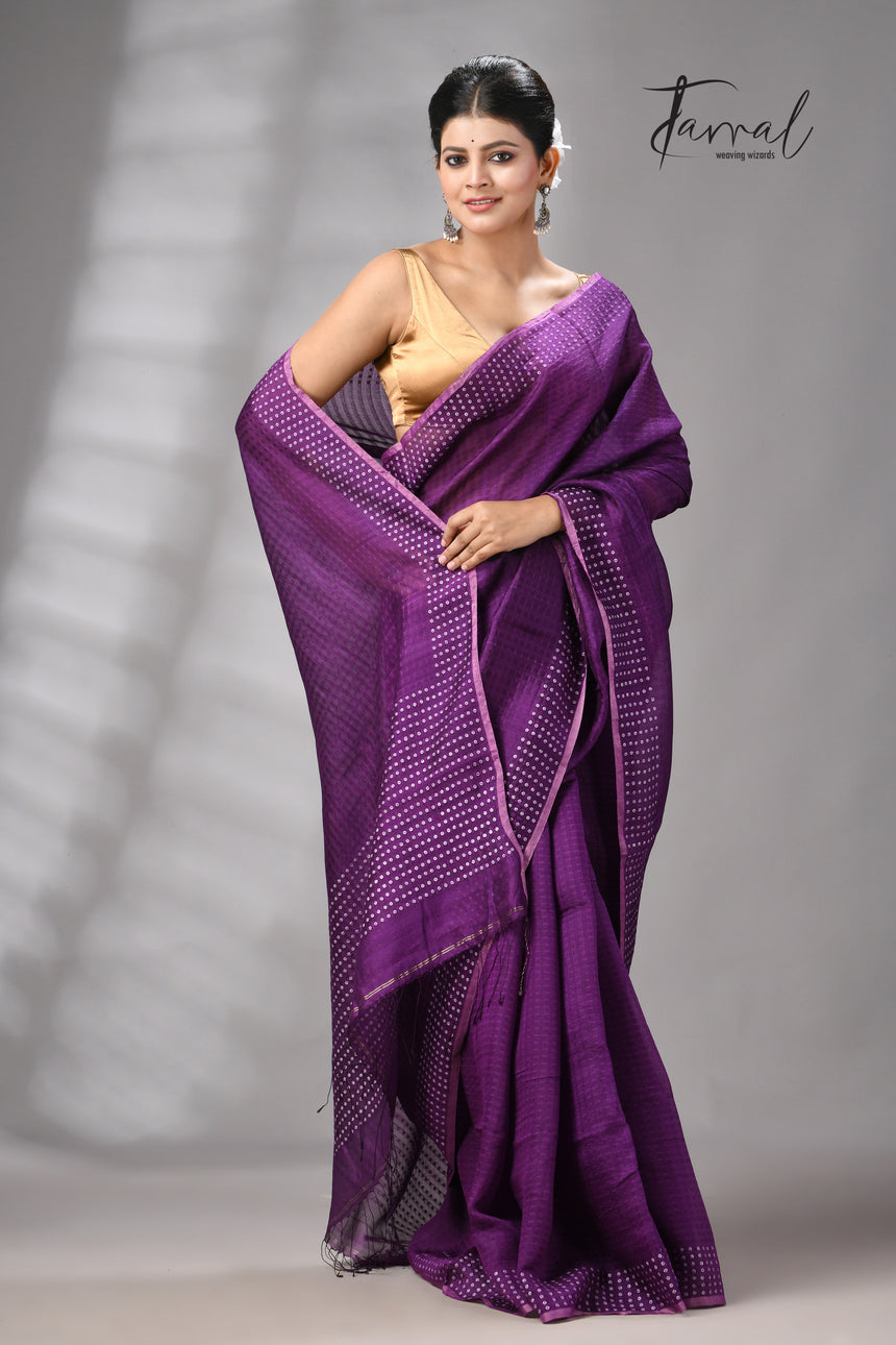 Purple Tusser & tissue sequins mulberry silk handloom jamdani saree