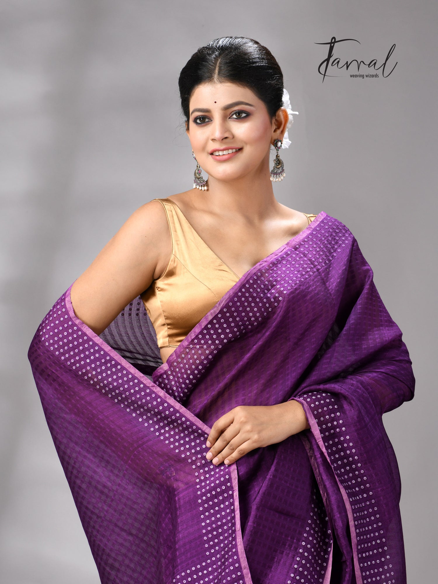 Purple Tusser & tissue sequins mulberry silk handloom jamdani saree