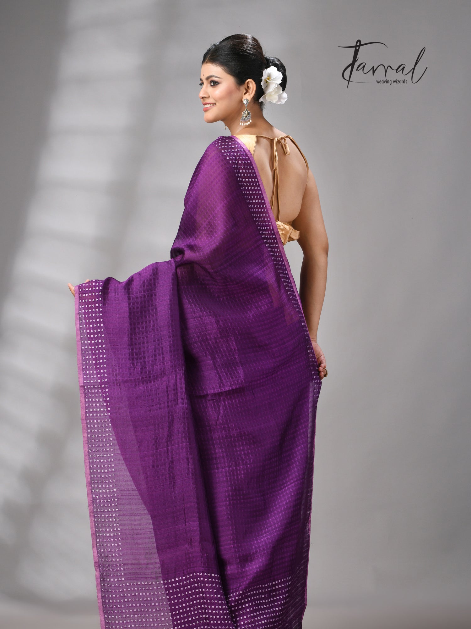 Purple Tusser & tissue sequins mulberry silk handloom jamdani saree