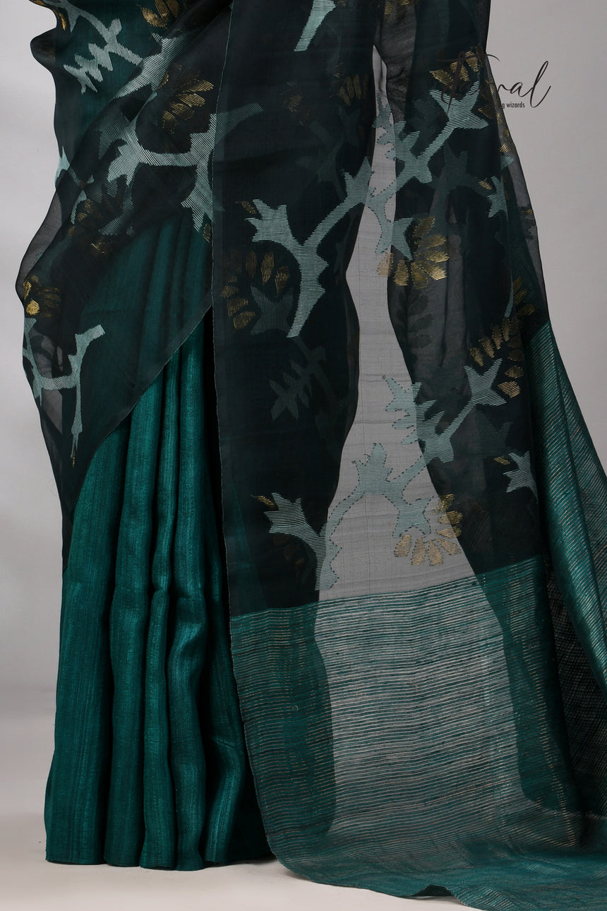 Bottle Green Handwoven Matka Muslin Jamdani Silk Saree