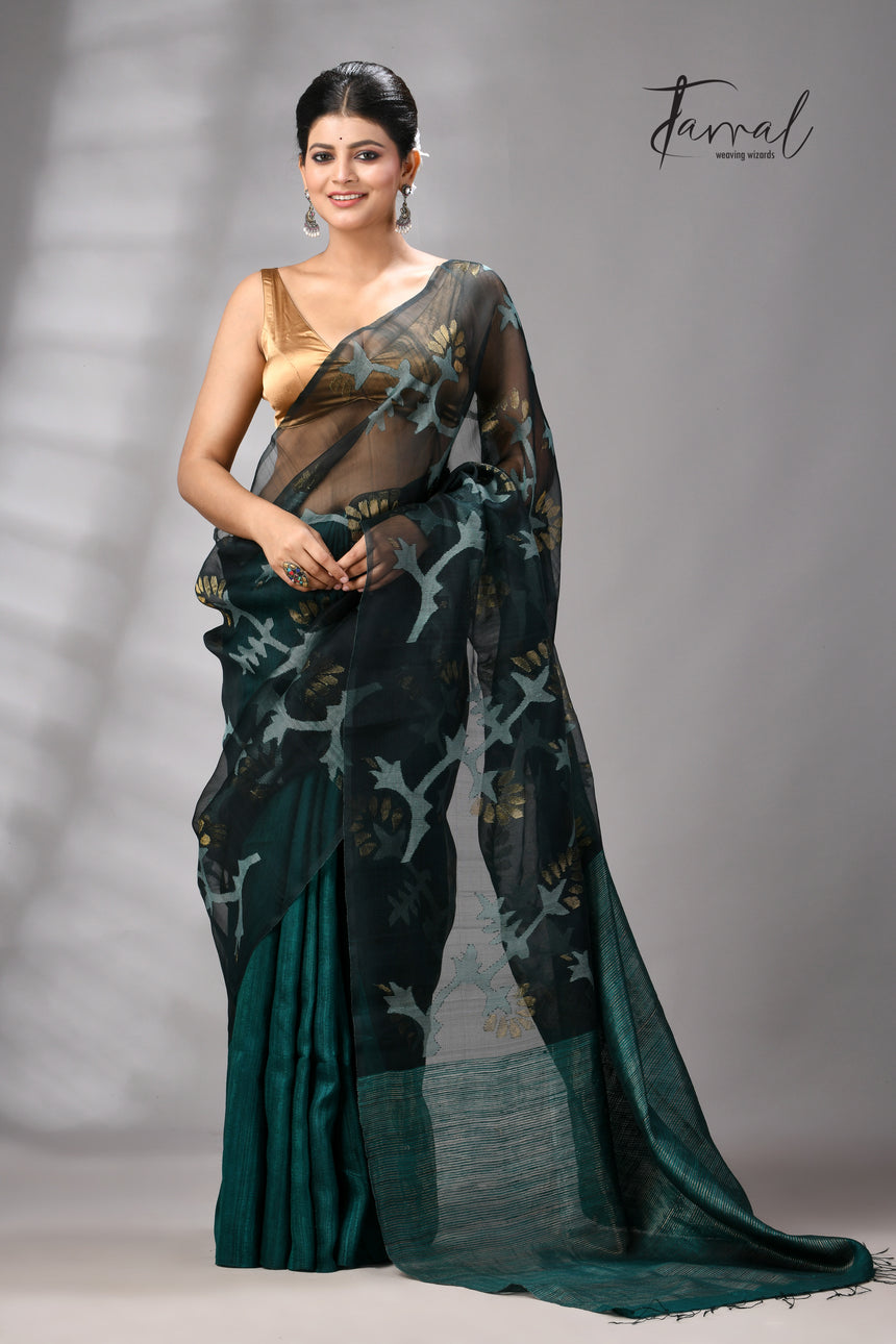 Bottle Green Handwoven Matka Muslin Jamdani Silk Saree