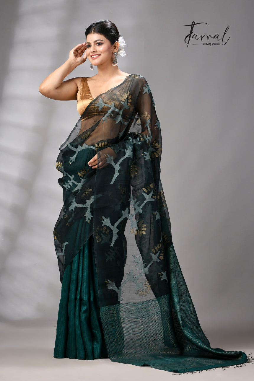 Bottle Green Handwoven Matka Muslin Jamdani Silk Saree