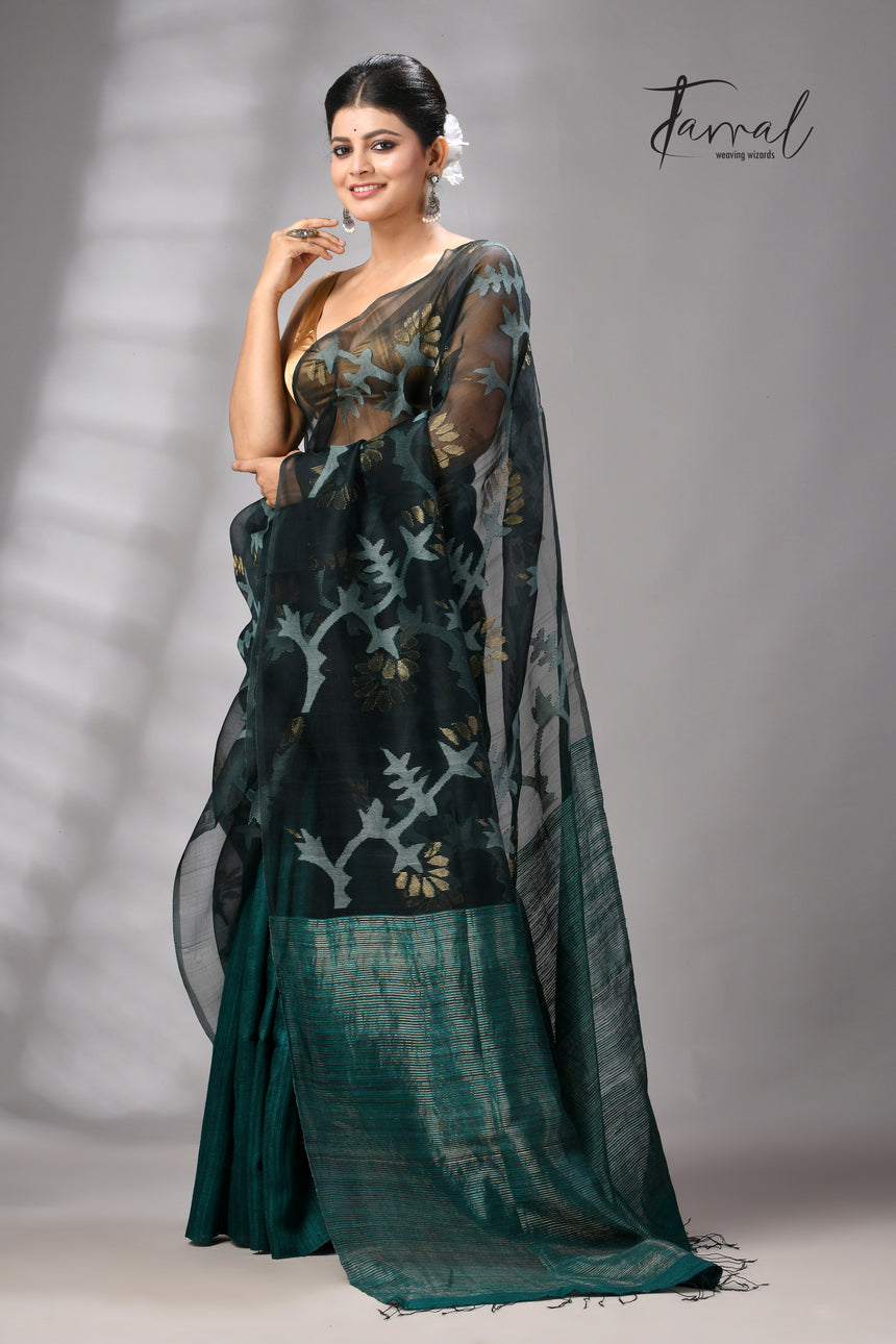 Bottle Green Handwoven Matka Muslin Jamdani Silk Saree