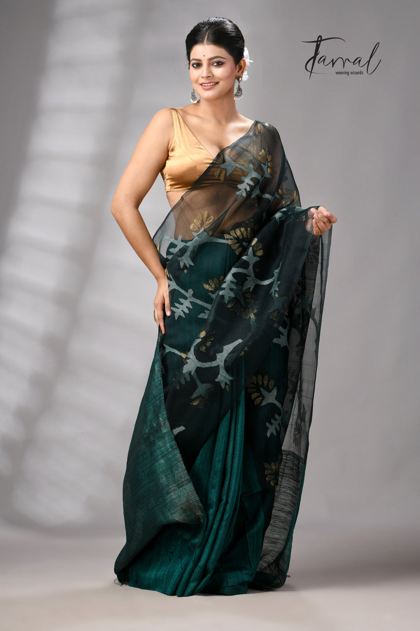 Bottle Green Handwoven Matka Muslin Jamdani Silk Saree