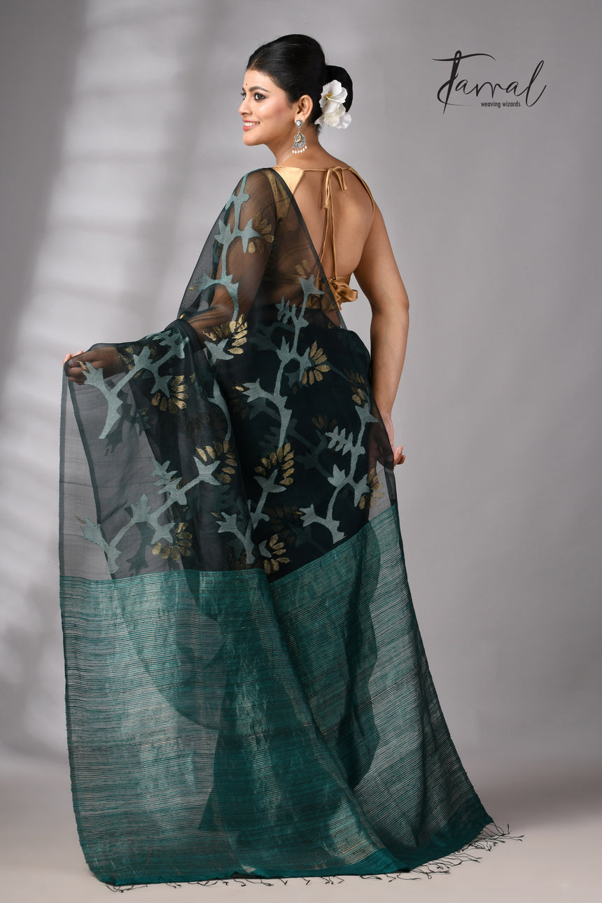 Bottle Green Handwoven Matka Muslin Jamdani Silk Saree