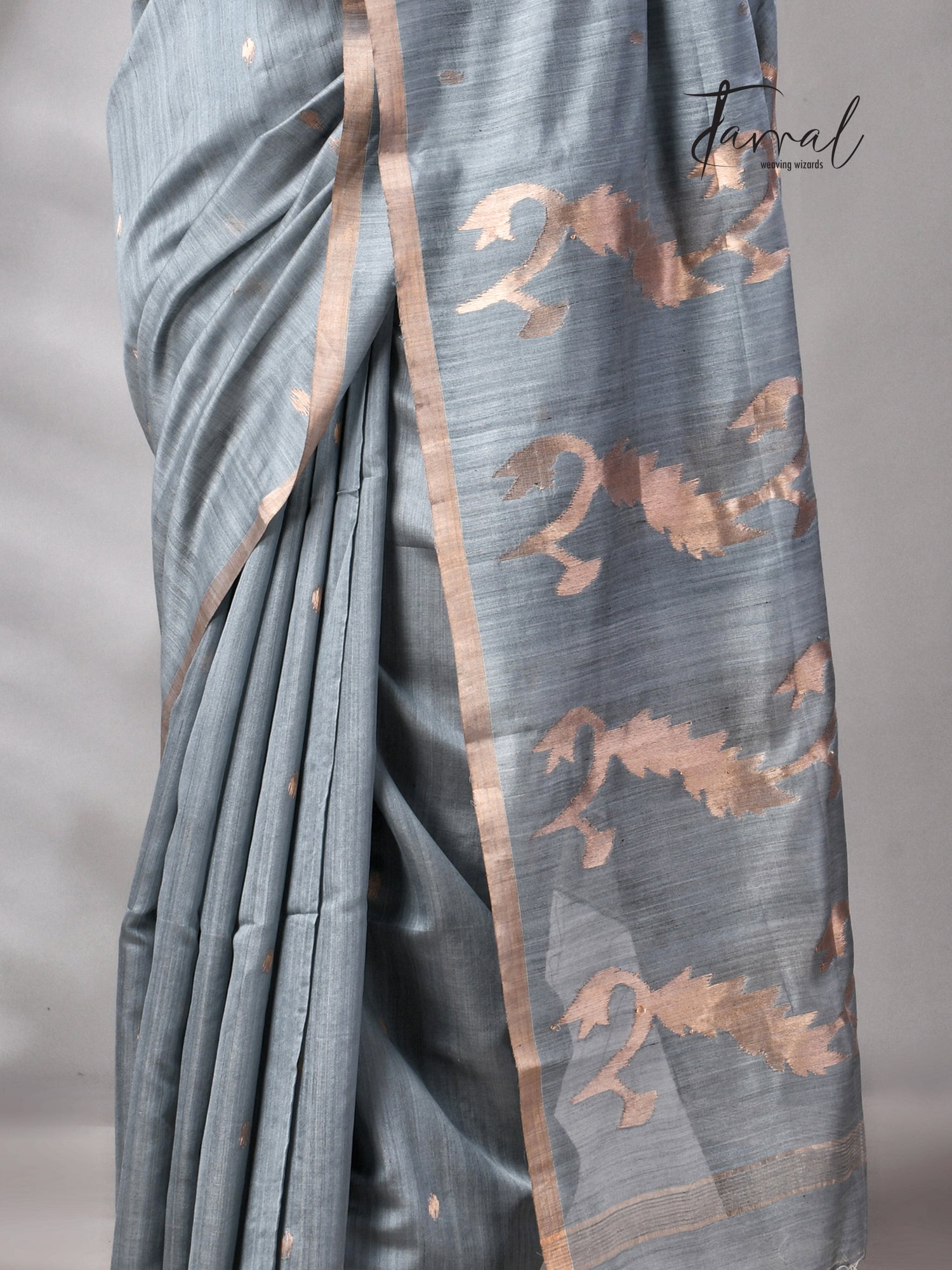 Steel Grey Pure Mulberry Silk Handwoven Jamdani Saree