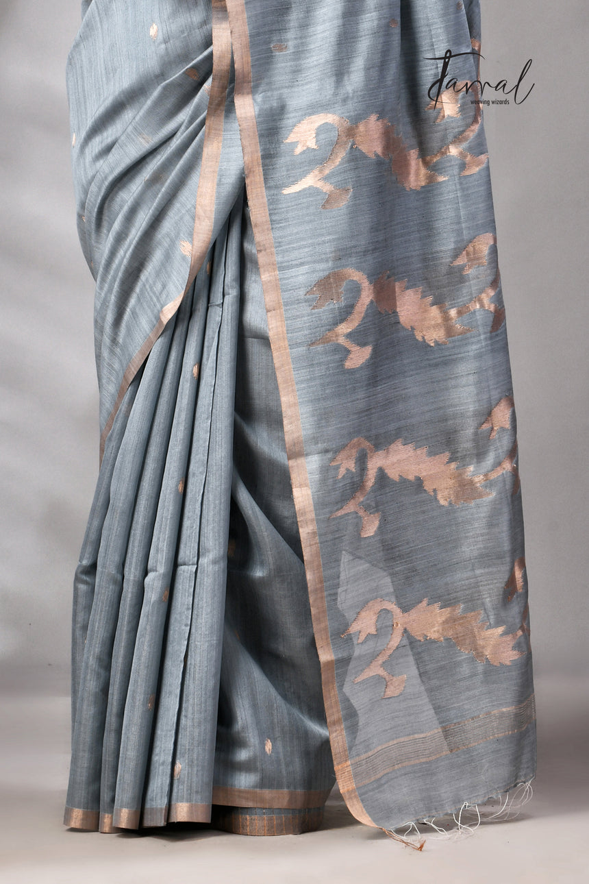 Steel Grey Pure Mulberry Silk Handwoven Jamdani Saree