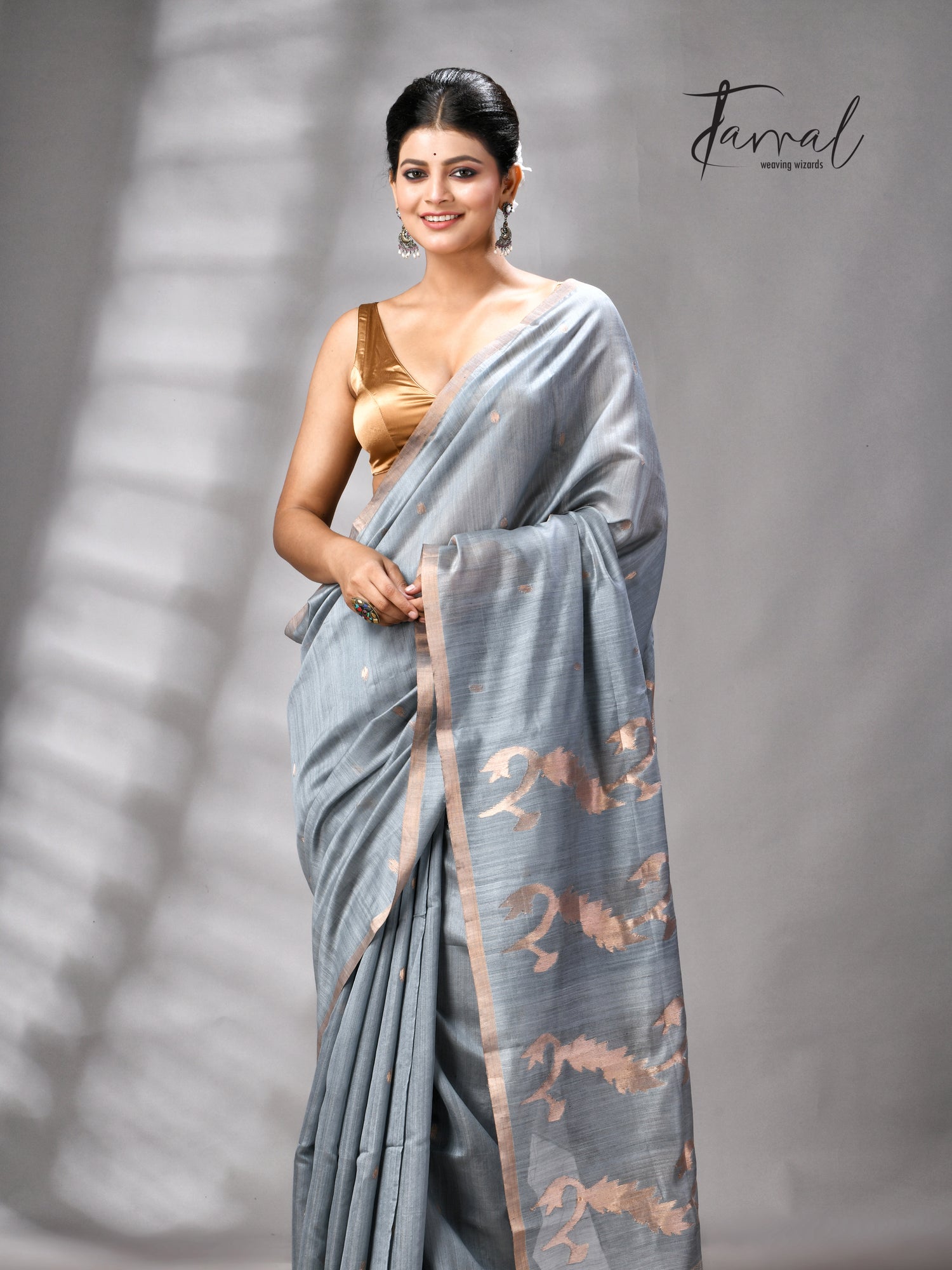 Steel Grey Pure Mulberry Silk Handwoven Jamdani Saree