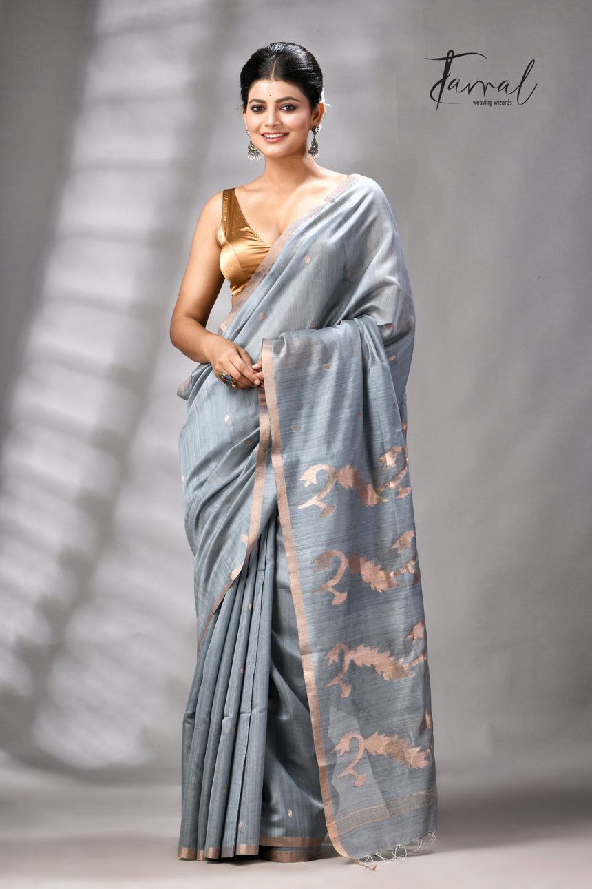 Steel Grey Pure Mulberry Silk Handwoven Jamdani Saree