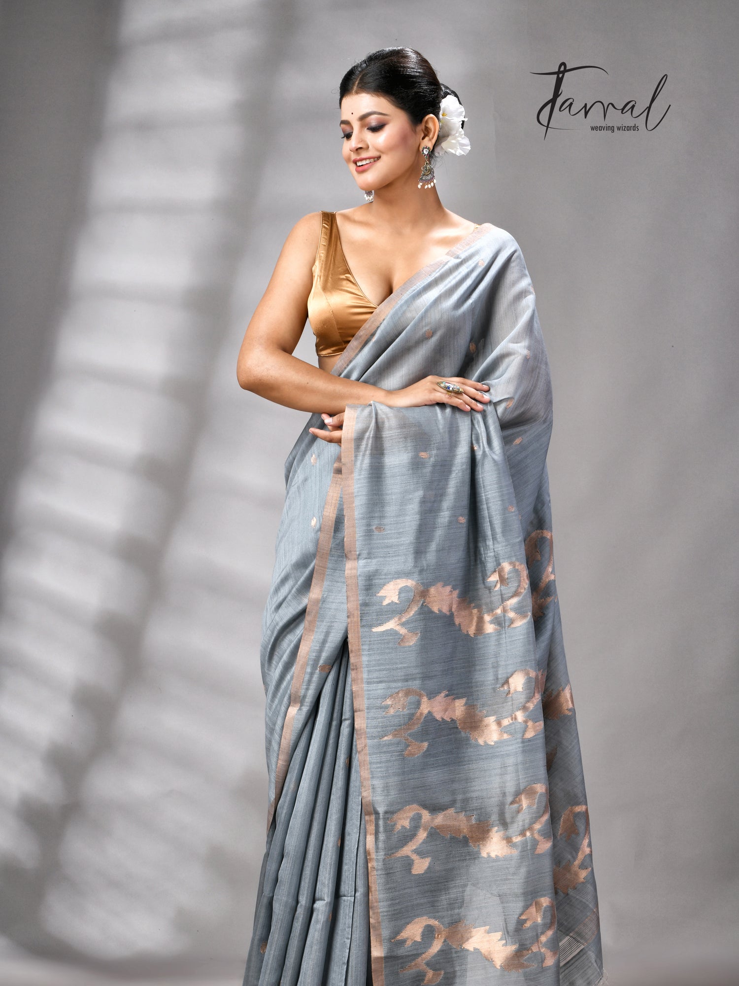 Steel Grey Pure Mulberry Silk Handwoven Jamdani Saree