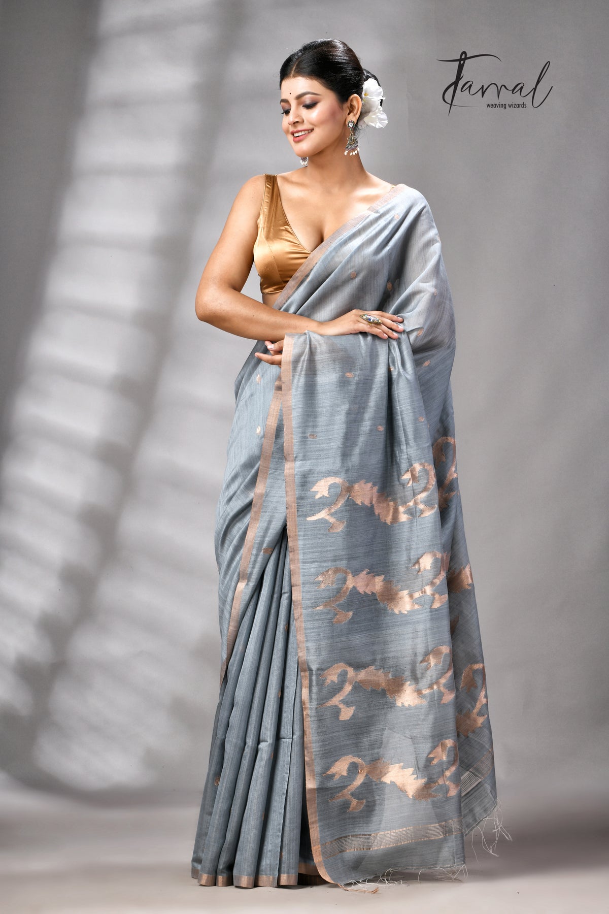Steel Grey Pure Mulberry Silk Handwoven Jamdani Saree
