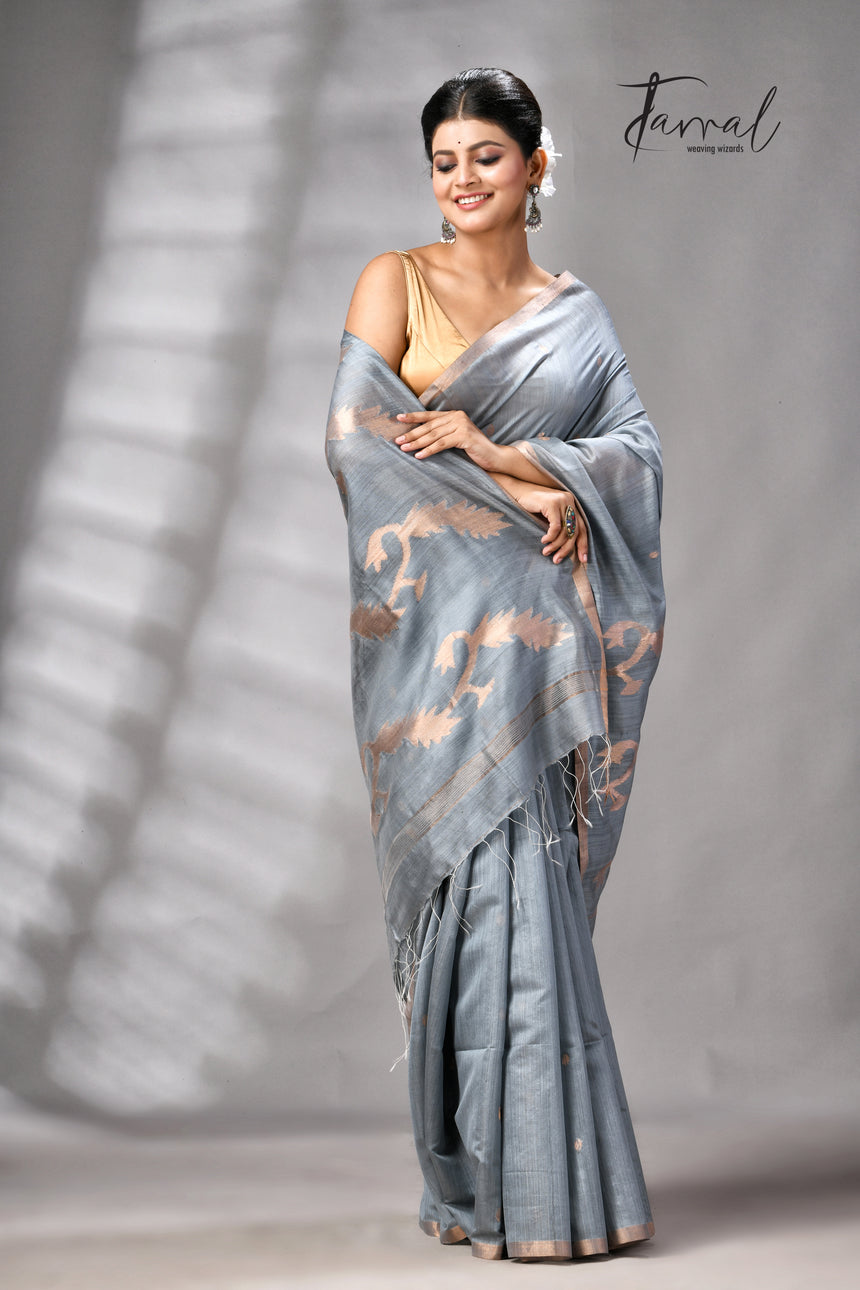 Steel Grey Pure Mulberry Silk Handwoven Jamdani Saree