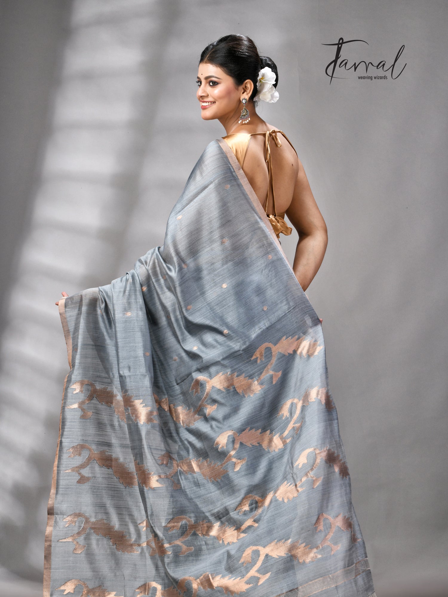 Steel Grey Pure Mulberry Silk Handwoven Jamdani Saree