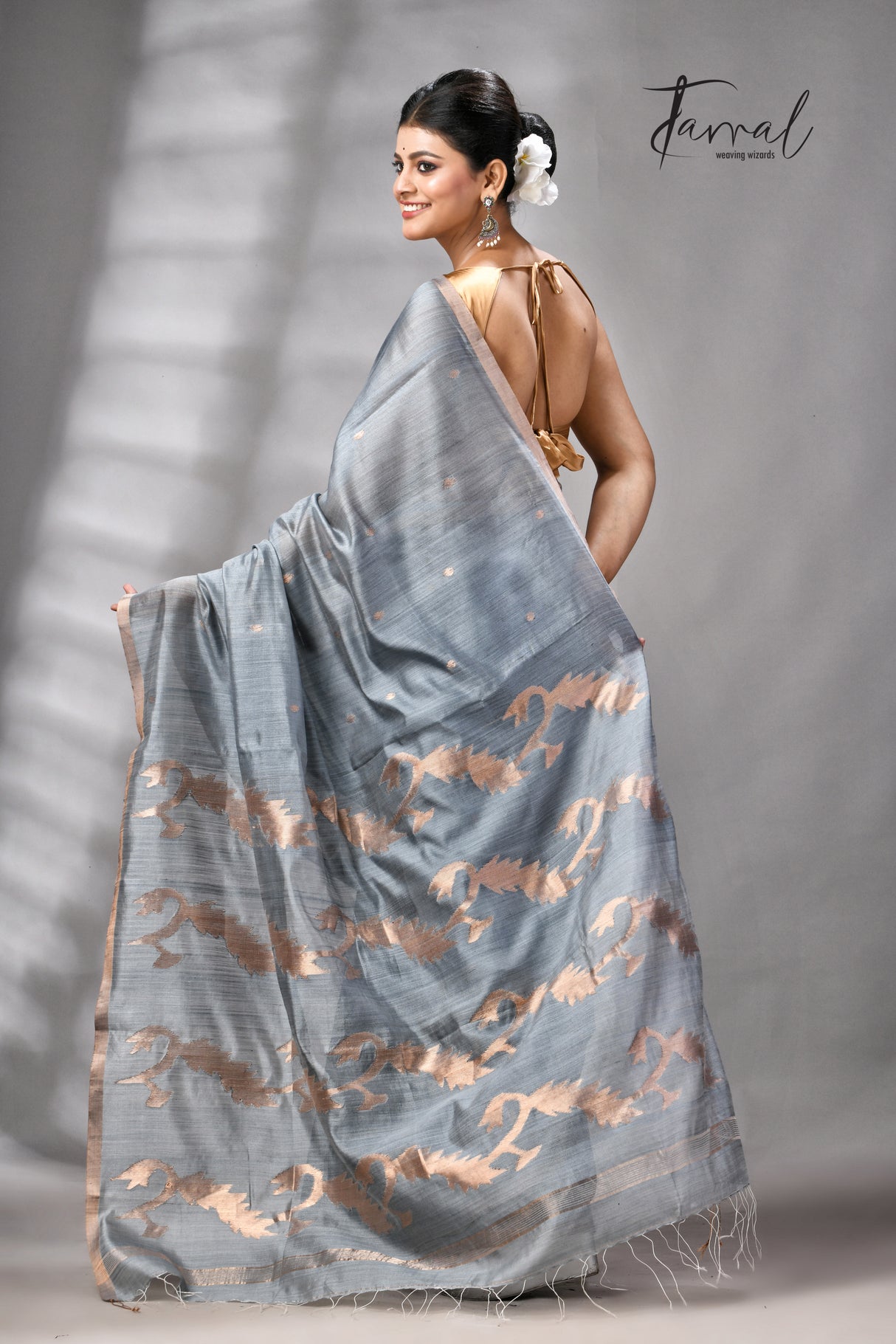 Steel Grey Pure Mulberry Silk Handwoven Jamdani Saree