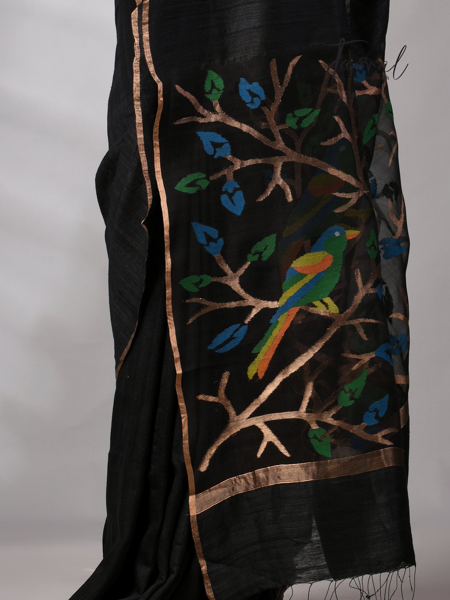 Black with golden Zari border matka silk handwoven jamdani saree