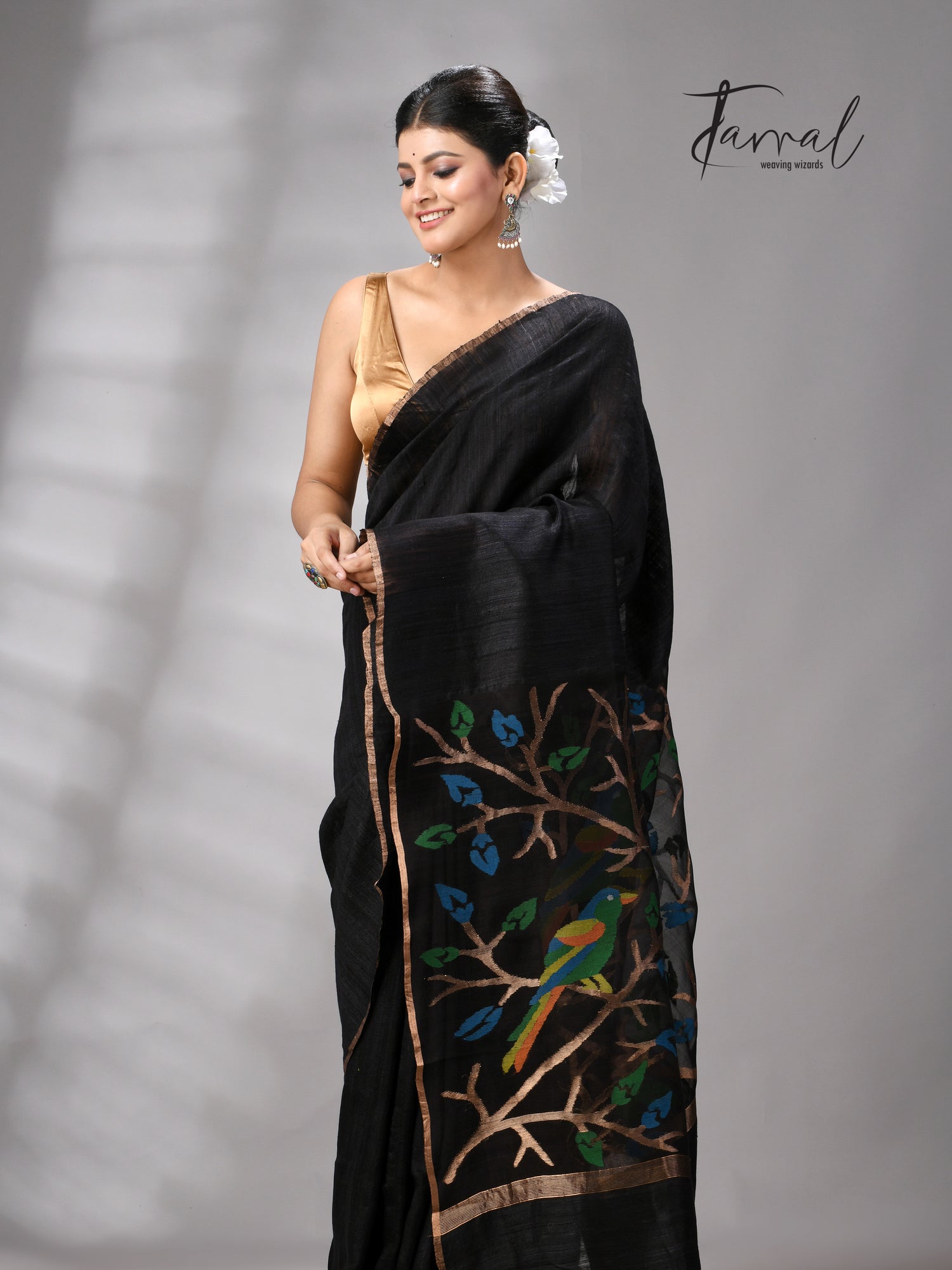 Black with golden Zari border matka silk handwoven jamdani saree