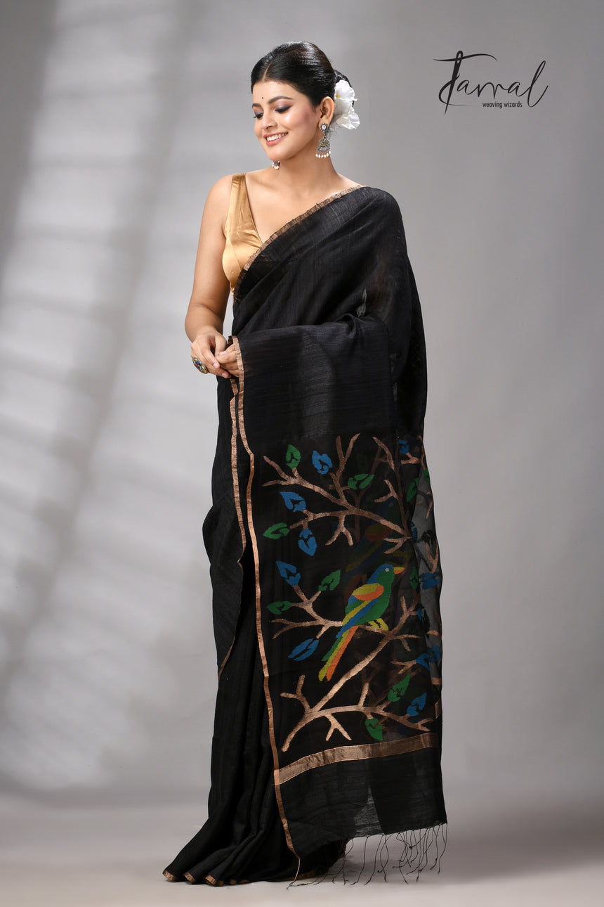 Black with golden Zari border matka silk handwoven jamdani saree