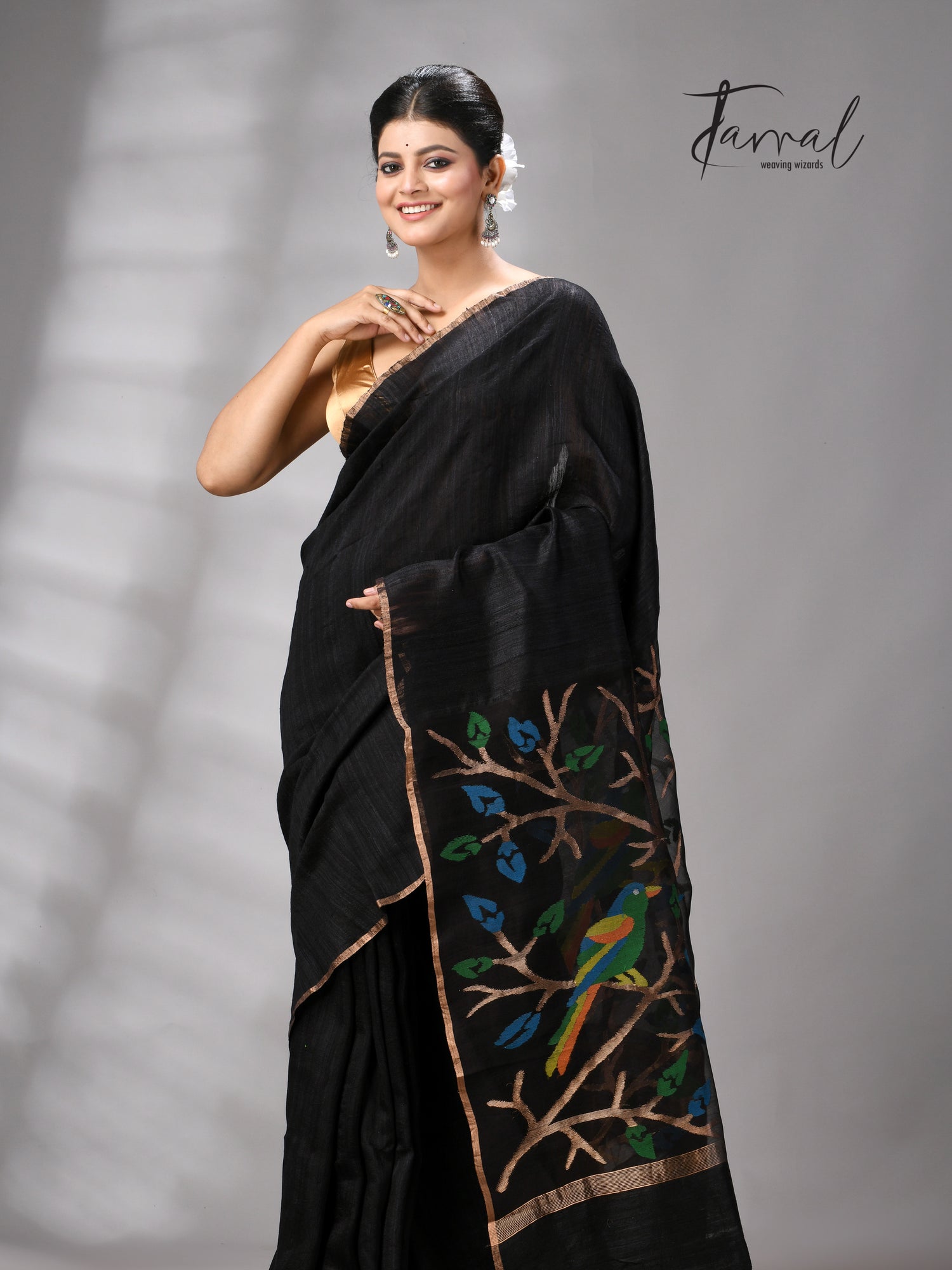 Black with golden Zari border matka silk handwoven jamdani saree