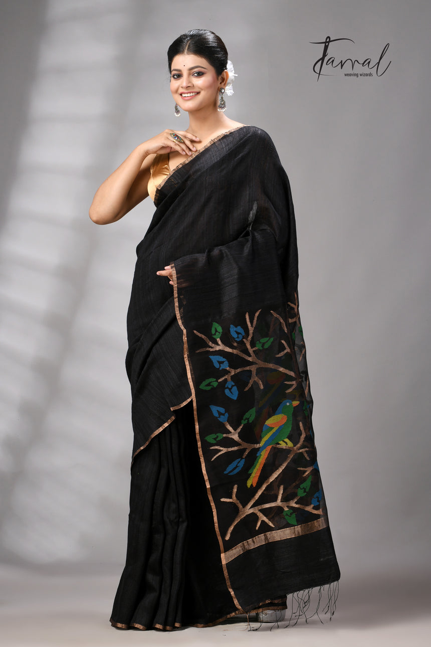 Black with golden Zari border matka silk handwoven jamdani saree