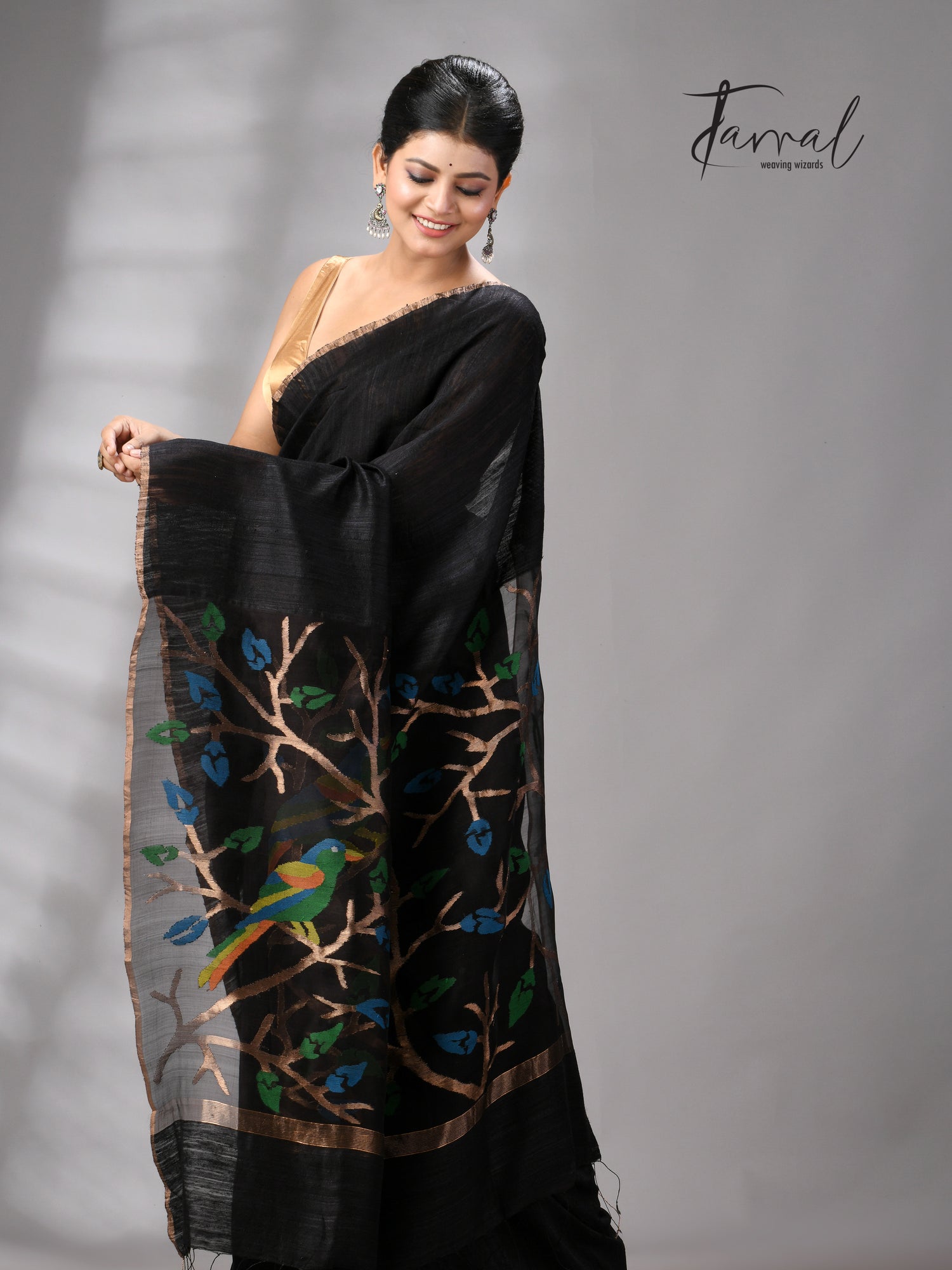 Black with golden Zari border matka silk handwoven jamdani saree