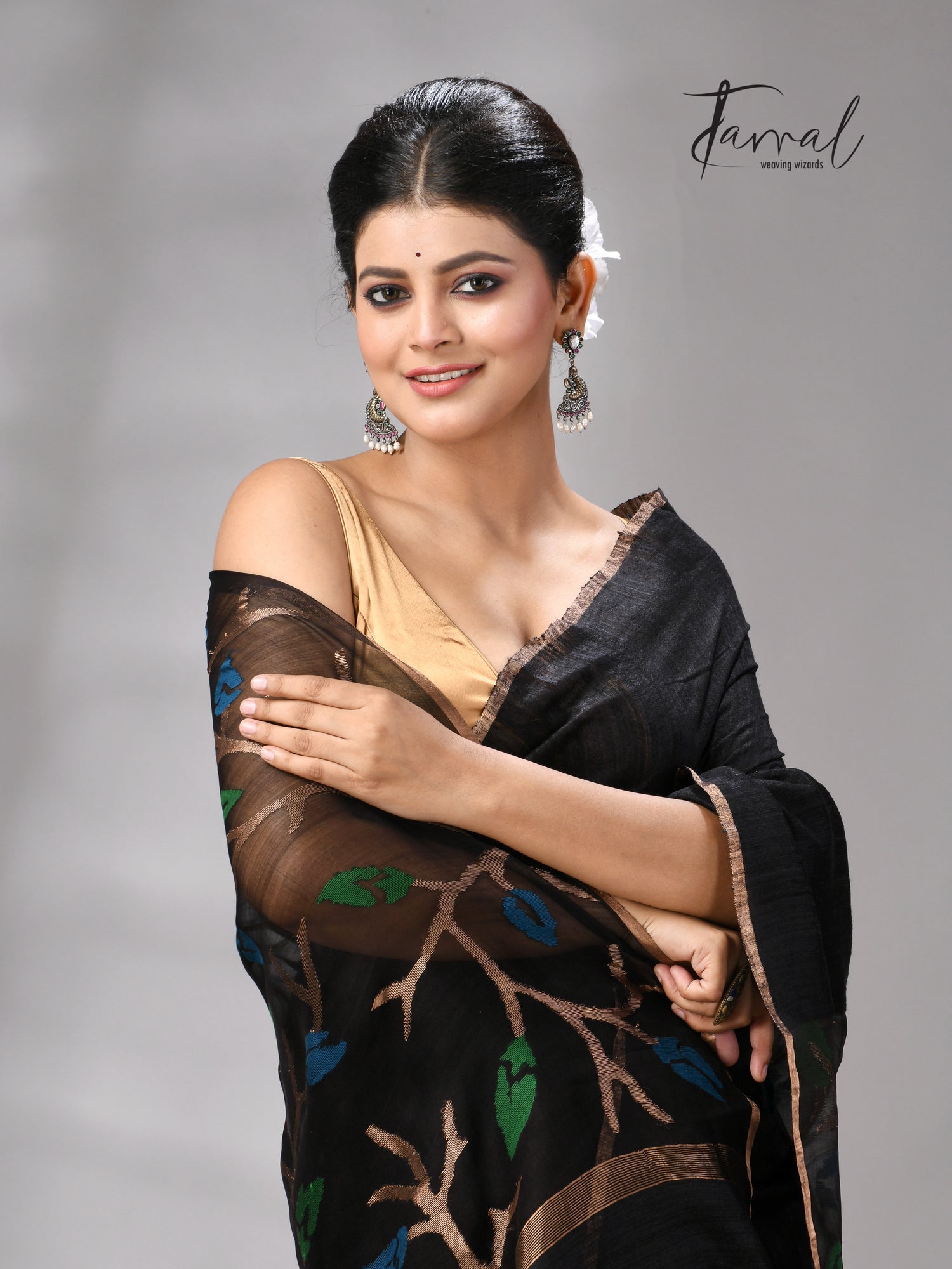 Black with golden Zari border matka silk handwoven jamdani saree